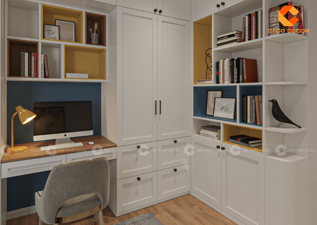 Hệ tủ và bàn học thiết kế nhiều ngăn kệ