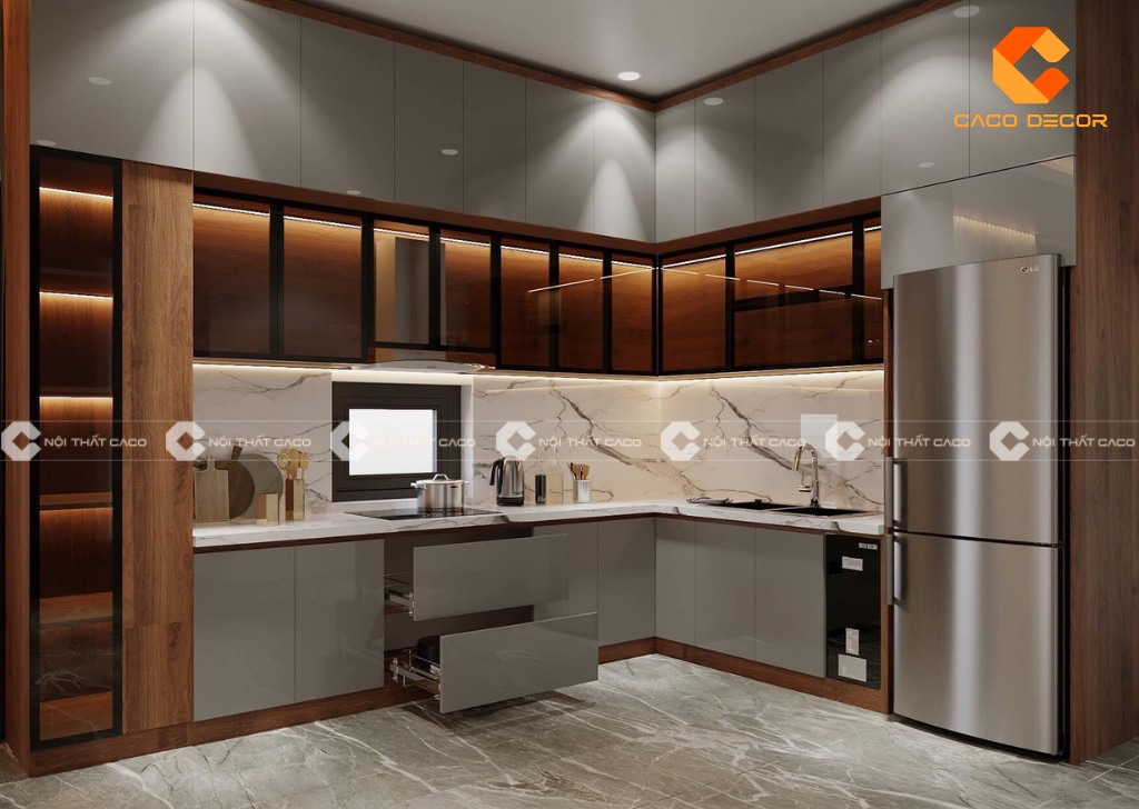 Bếp chữ L tận dụng tối đa góc tường, tạo không gian rộng rãi