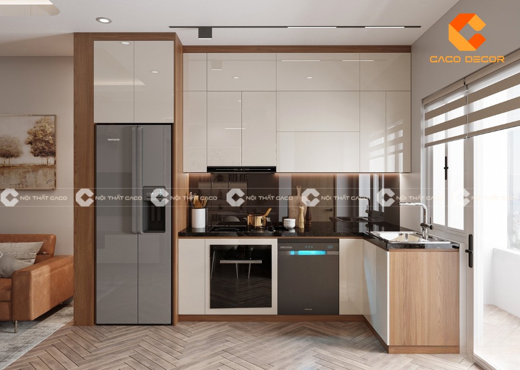 Mẫu tủ bếp L được ưa chuộng nhờ sự linh hoạt và hiệu quả