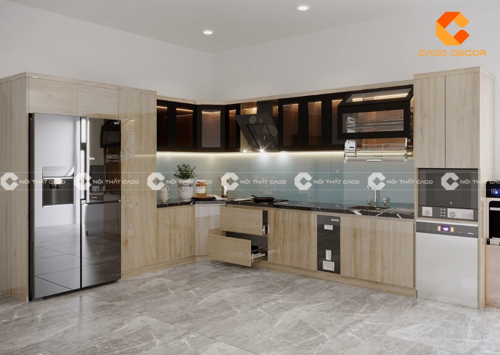 Tủ bếp chữ L đơn giản phù hợp với nhiều không gian 