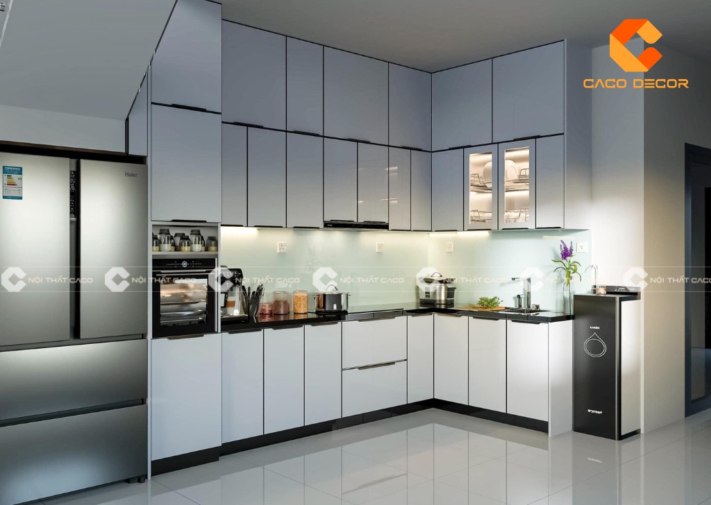 Tủ bếp chữ L tích hợp nhiều chức năng