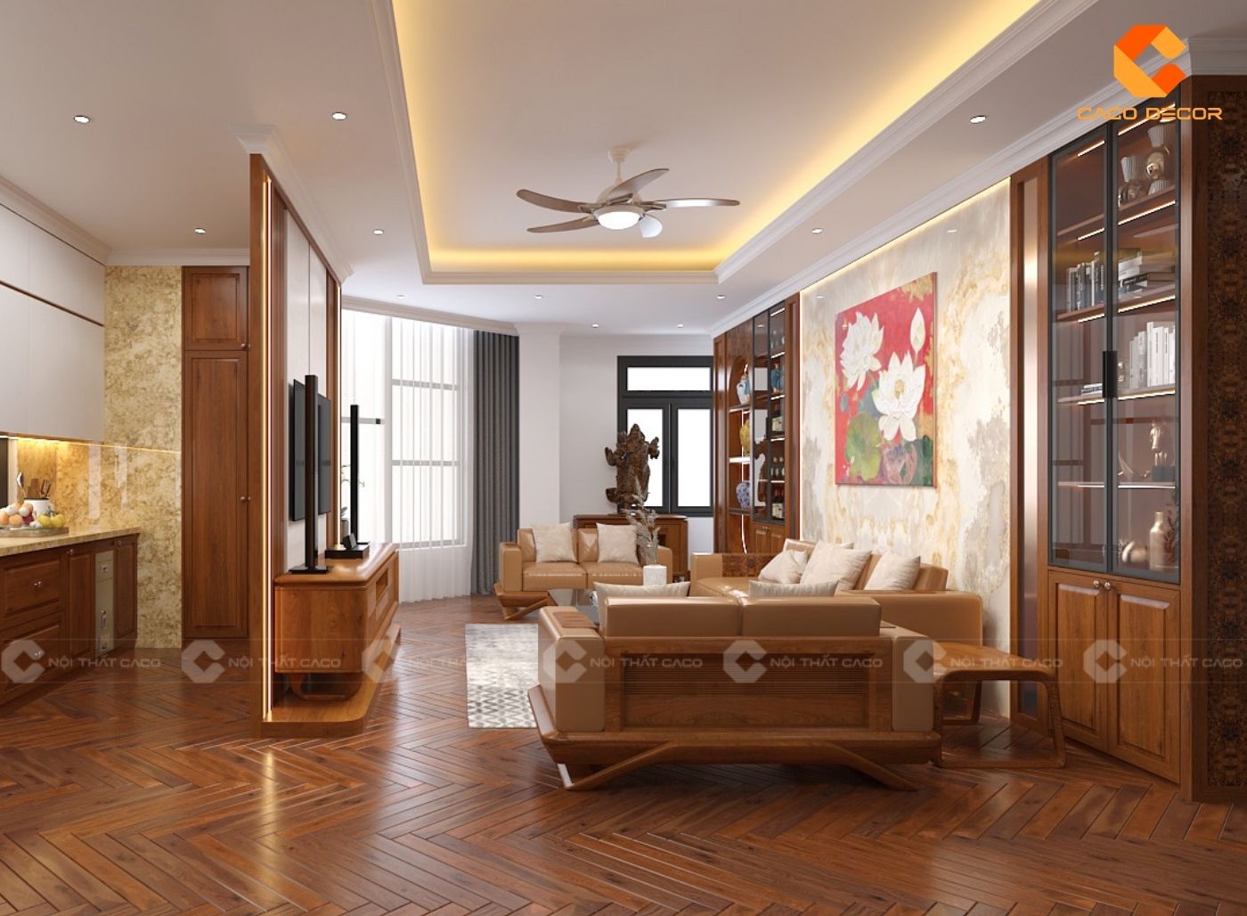 Mẫu thiết kế nội thất phòng khách bằng gỗ tự nhiên