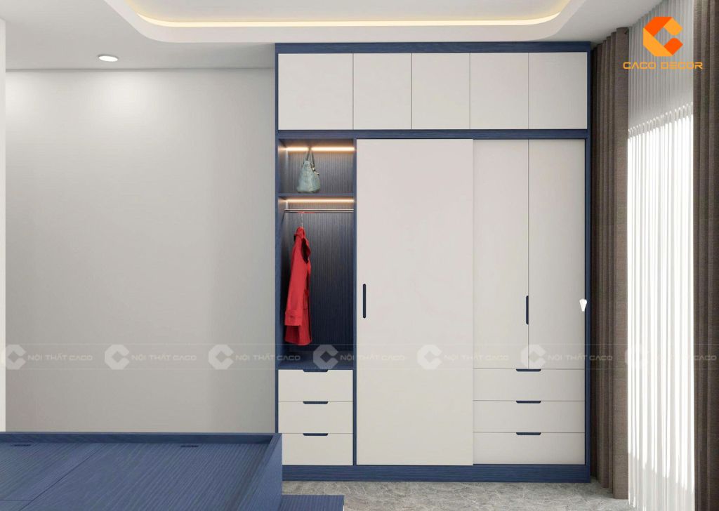 Thiết kế tủ quần áo cửa lùa kèm kệ trang trí