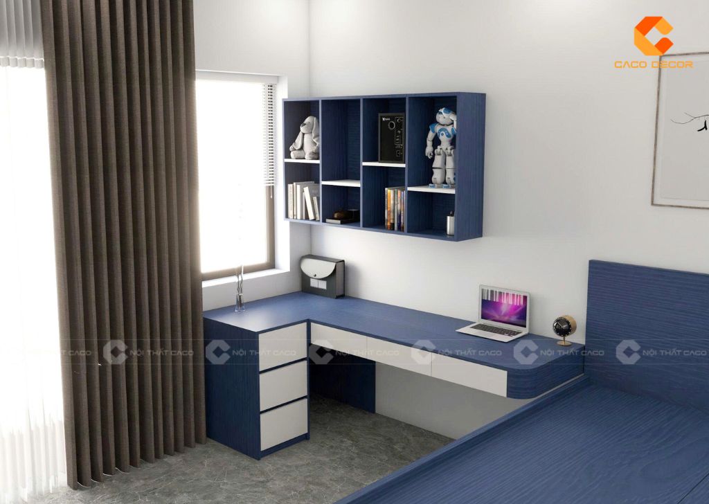 Bàn học chữ L kèm kệ sách treo hiện đại