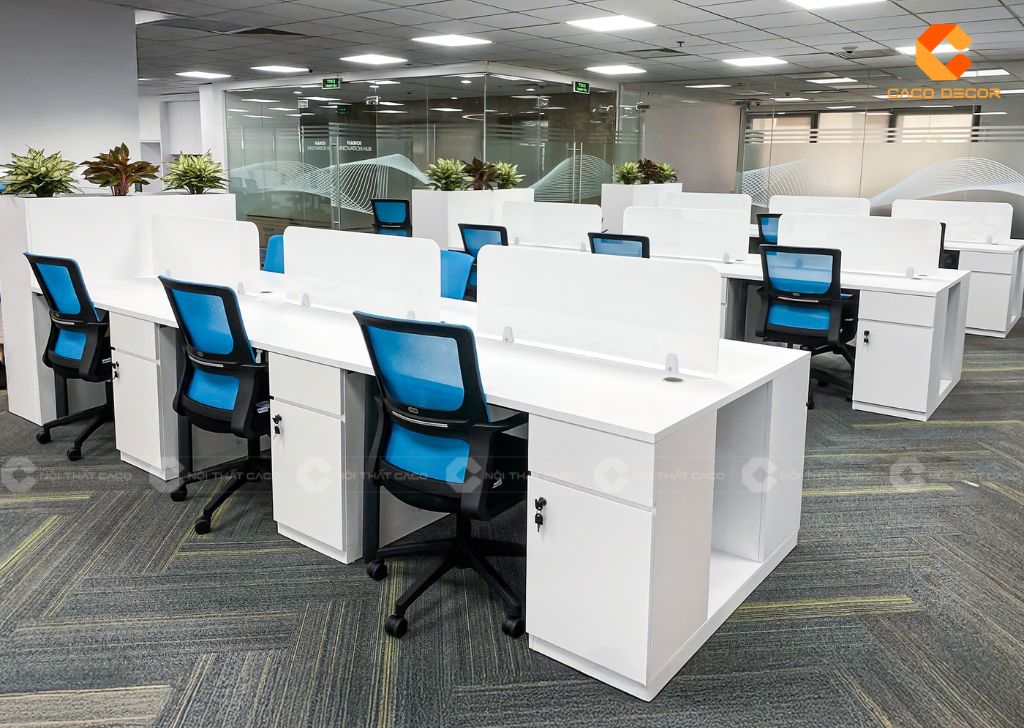 Bộ bàn làm việc gỗ công nghiệp phủ sơn trắng dễ phối nội thất