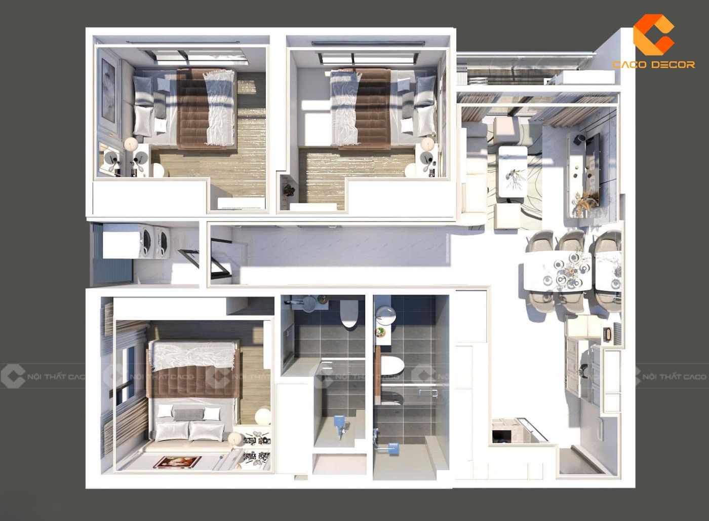 Mẫu thiết kế 3D nội thất chung cư 3 phòng ngủ