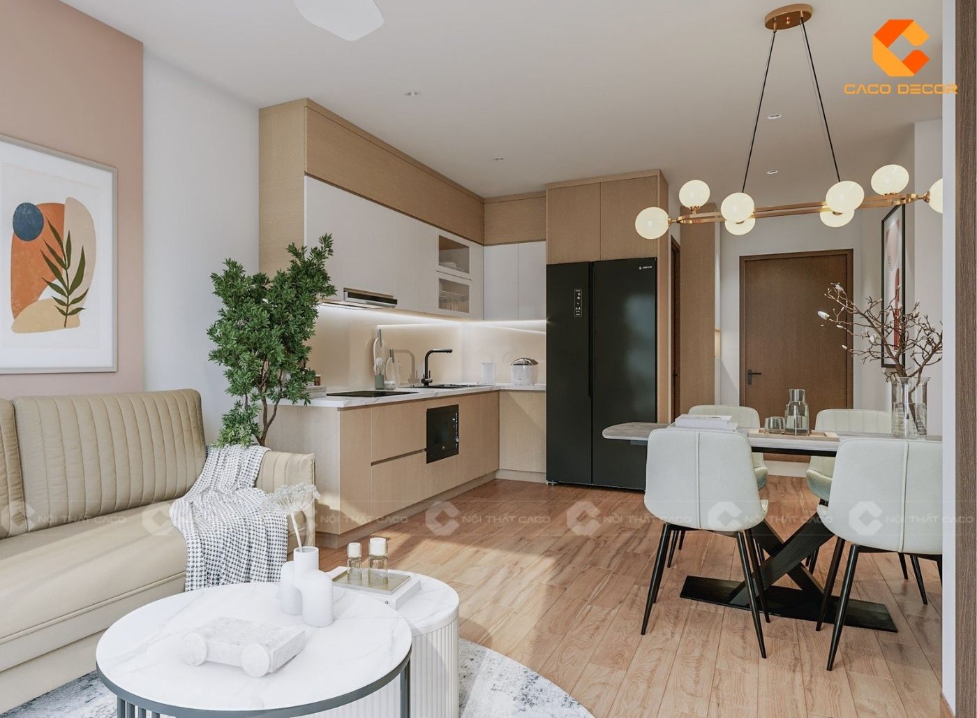 Thiết kế nội thất phòng bếp liền phòng khách tại căn hộ