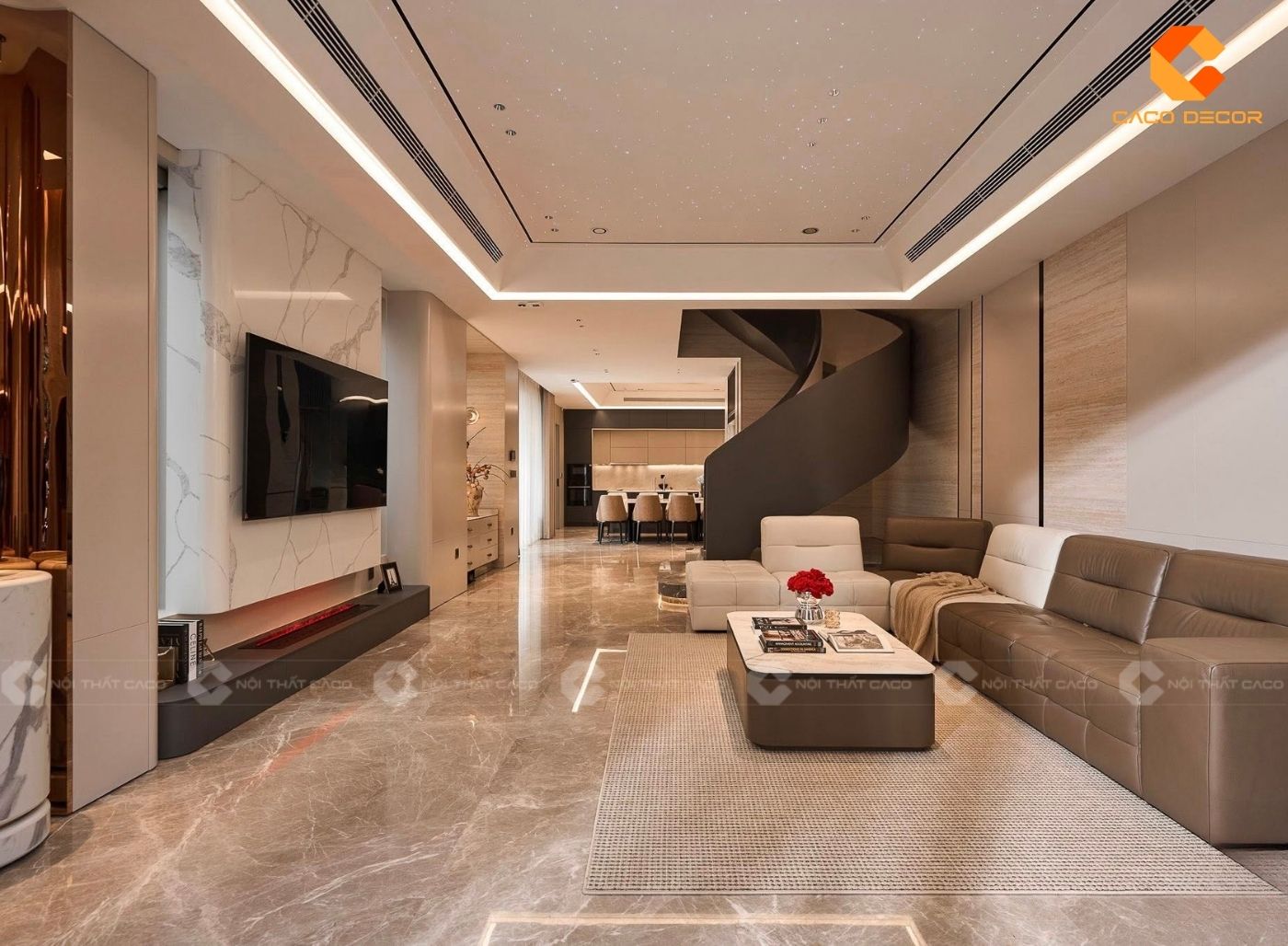 Không gian thiết kế nội thất phòng khách liền bếp của biệt thự