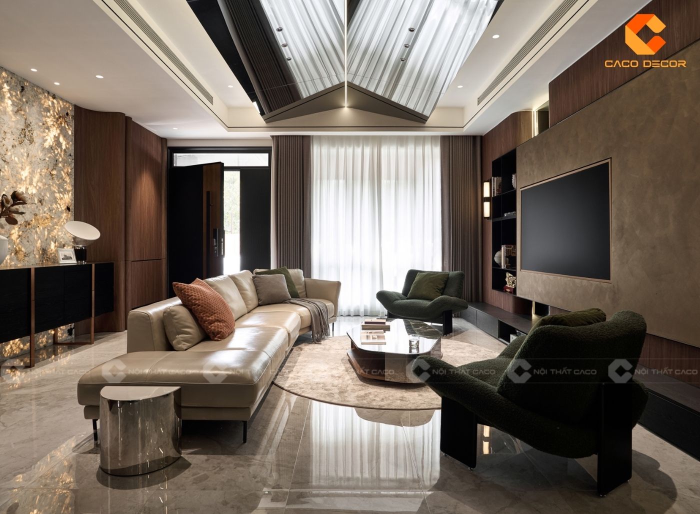 Mẫu thiết kế nội thất phòng khách sử dụng gam màu trung tính