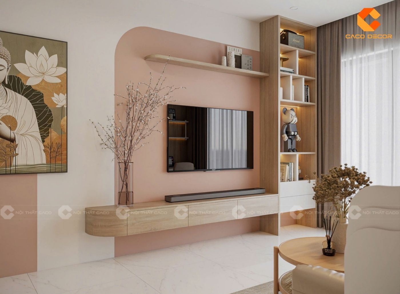 Thiết kế kệ tivi kèm tủ trang trí giúp tiết kiệm tối đa diện tích