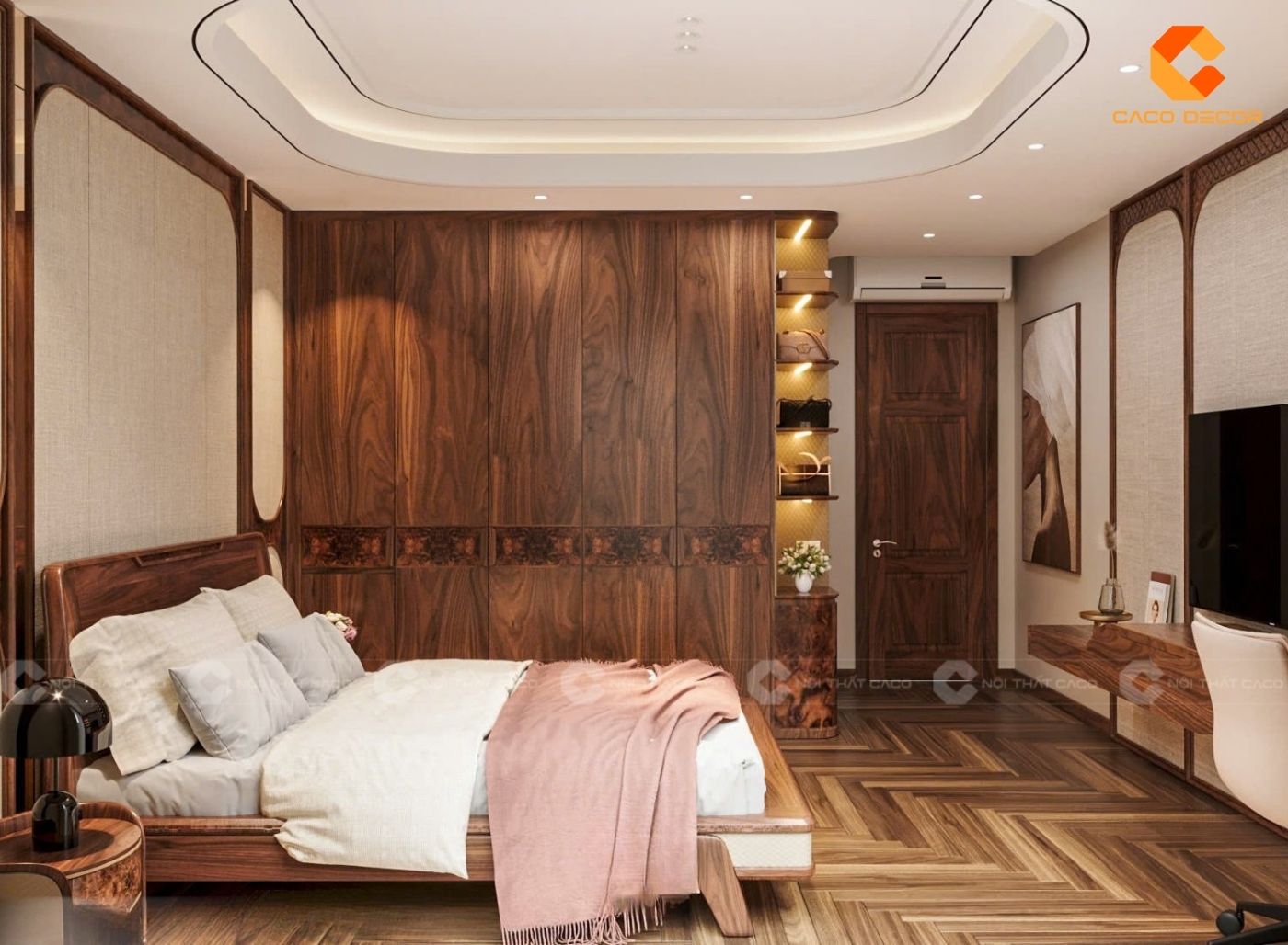 Mẫu thiết kế nội thất phòng ngủ gỗ óc chó tự nhiên bền đẹp