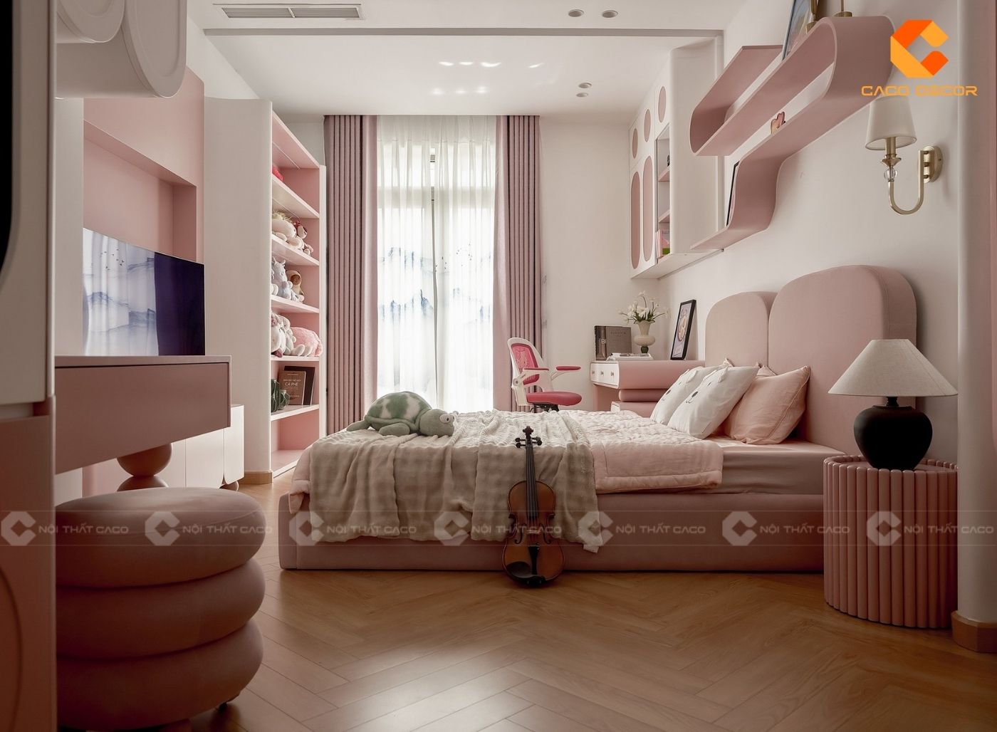 Thiết kế nội thất phòng ngủ màu hồng đẹp cho bé gái