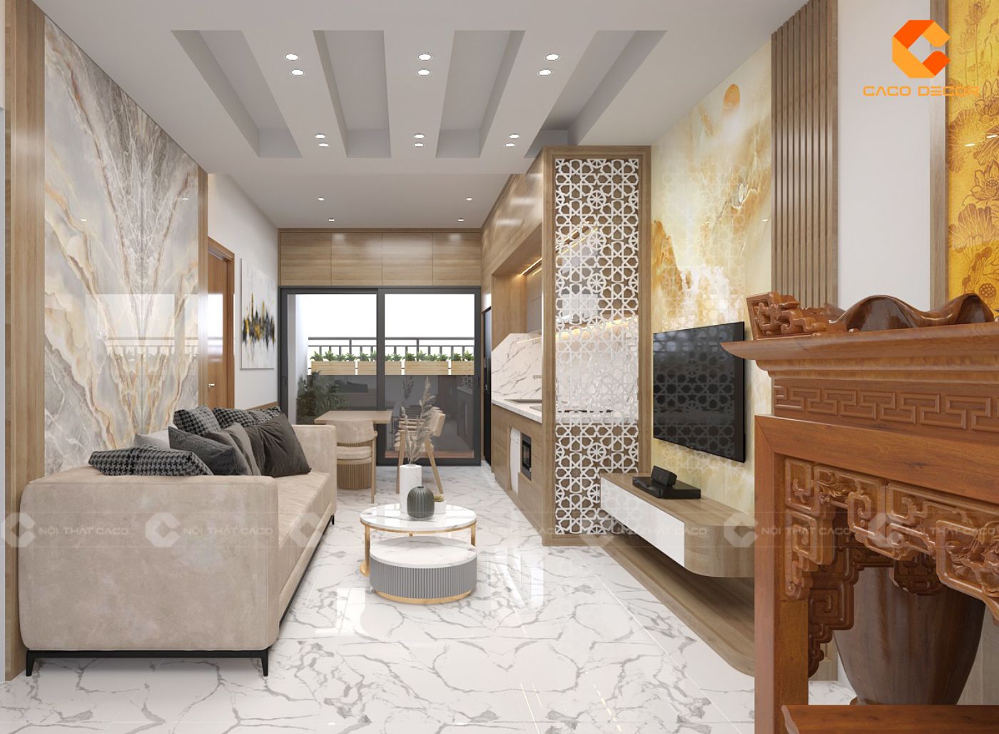 Thiết kế nội thất phòng khách phong cách hiện đại ấm cúng