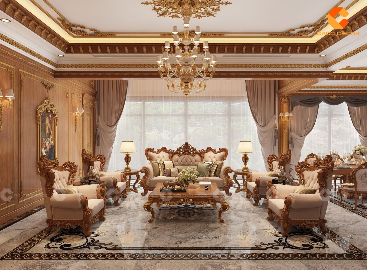Thiết kế phòng khách cổ điển với các chi tiết chạm trổ cầu kỳ