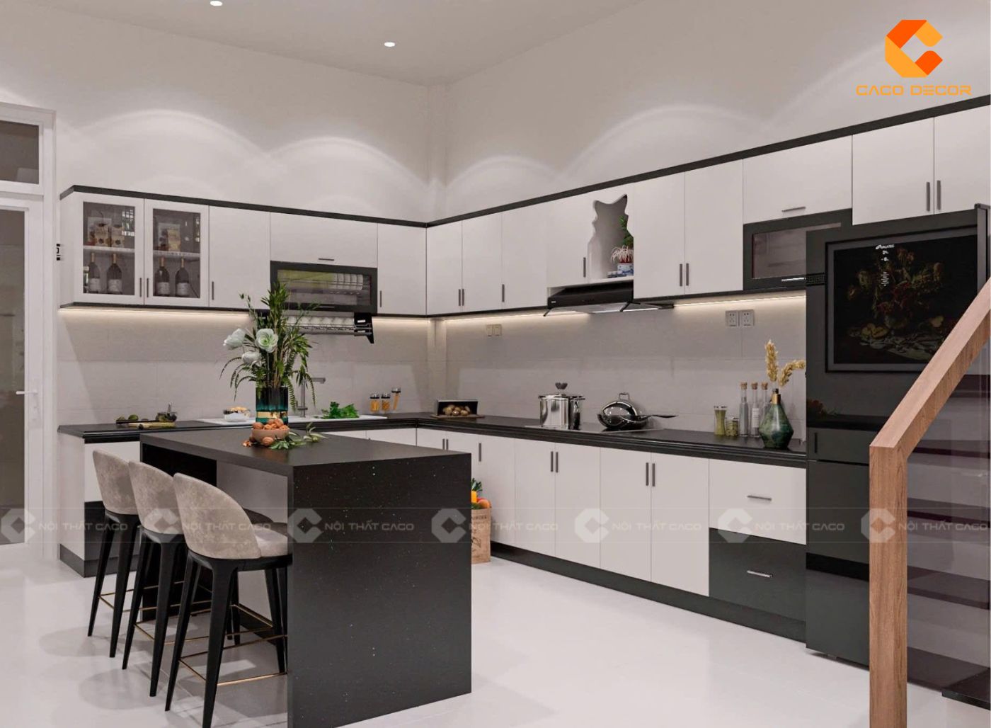 Không gian phòng bếp với tủ bếp chữ L kết hợp bàn đảo