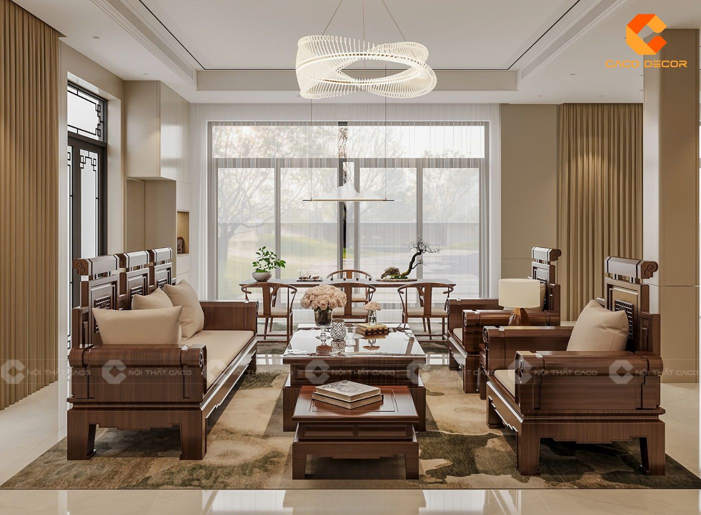 Mẫu nội thất phòng khách sử dụng gỗ tự nhiên trông bề thế