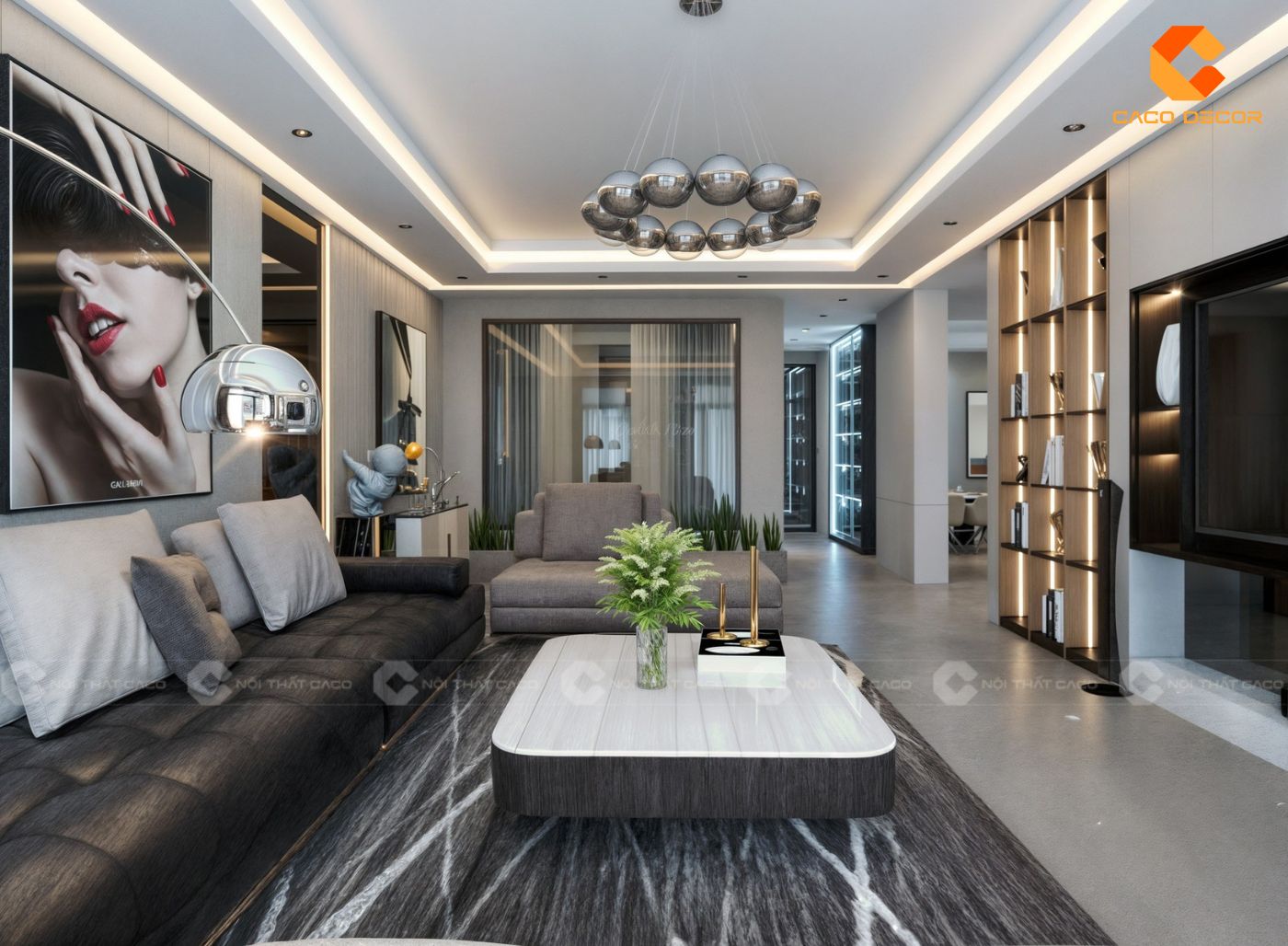 Mẫu thi công nội thất phòng khách sử dụng tông màu ấm