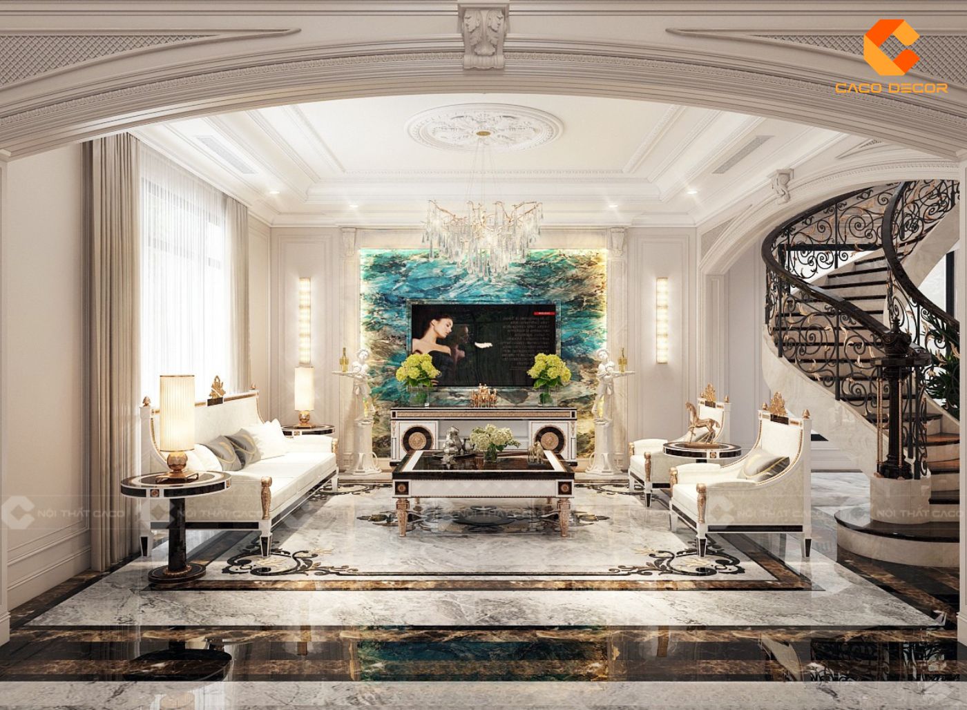 Nội thất phòng khách biệt thự phong cách tân cổ điển