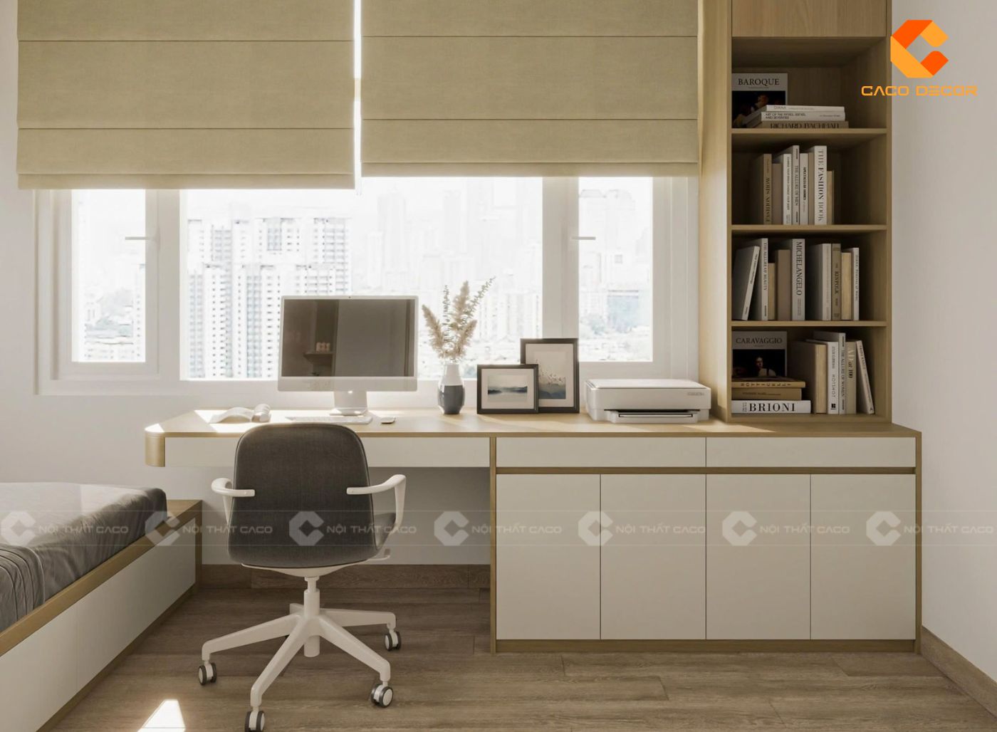 Bàn làm việc kết hợp kệ sách bố trí ngay trong phòng ngủ