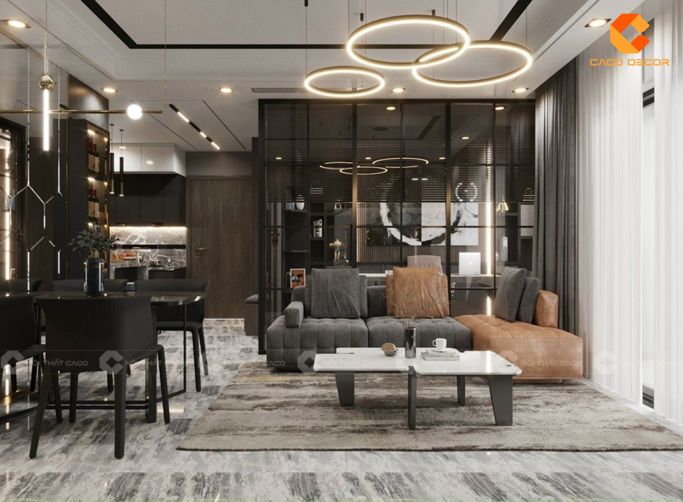 Mẫu thiết kế nội thất phòng khách với tông đen chủ đạo
