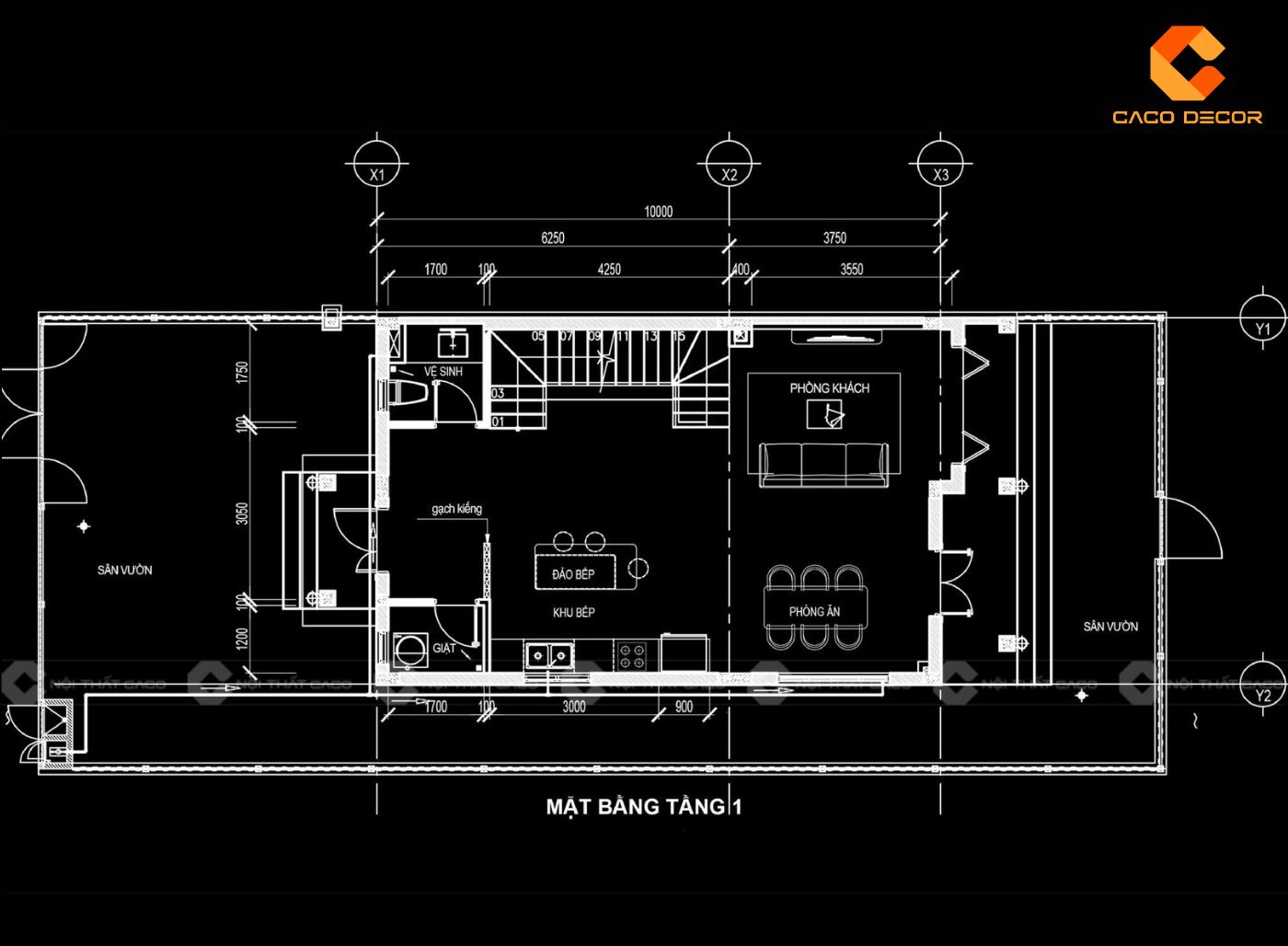 Hình thiết kế 2D tầng 1 của nội thất nhà phố