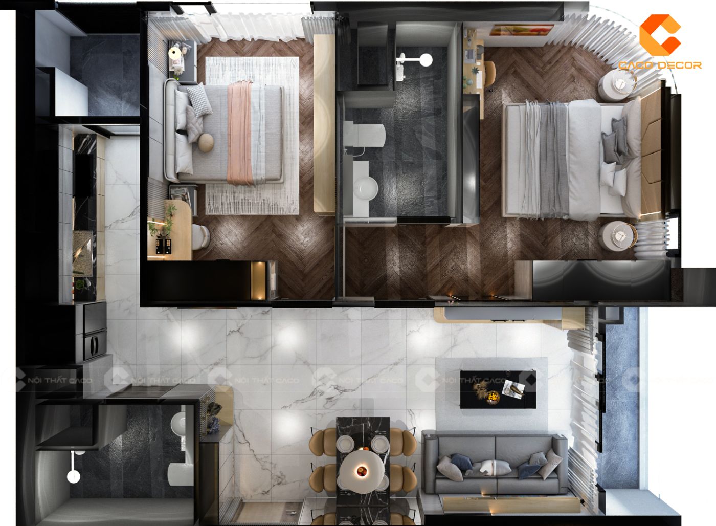 Mẫu thiết kế 3D nội thất chung cư 2 phòng ngủ