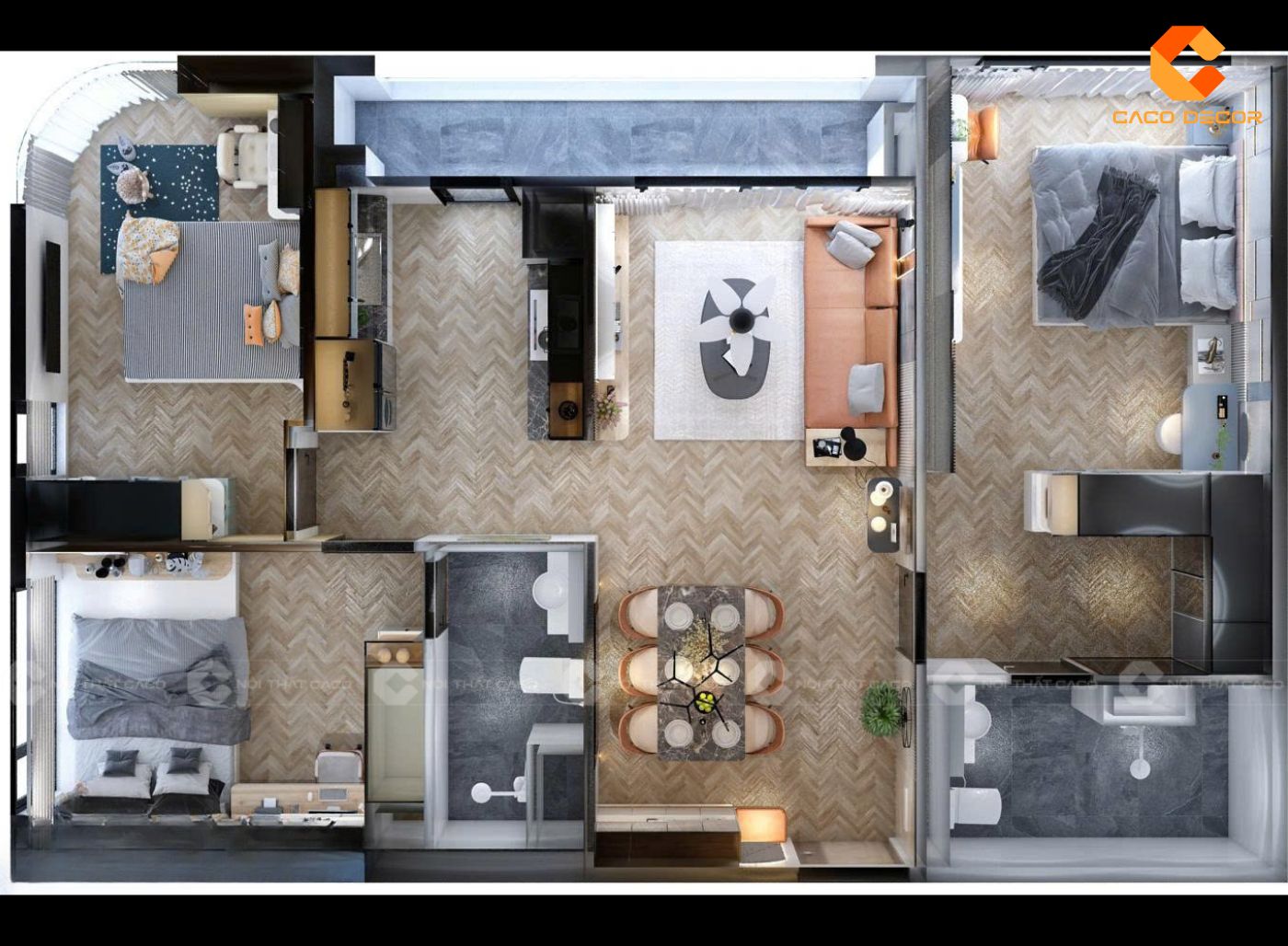 Bản vẽ 3D do đội ngũ thiết kế tại Nội Thất CaCo thực hiện