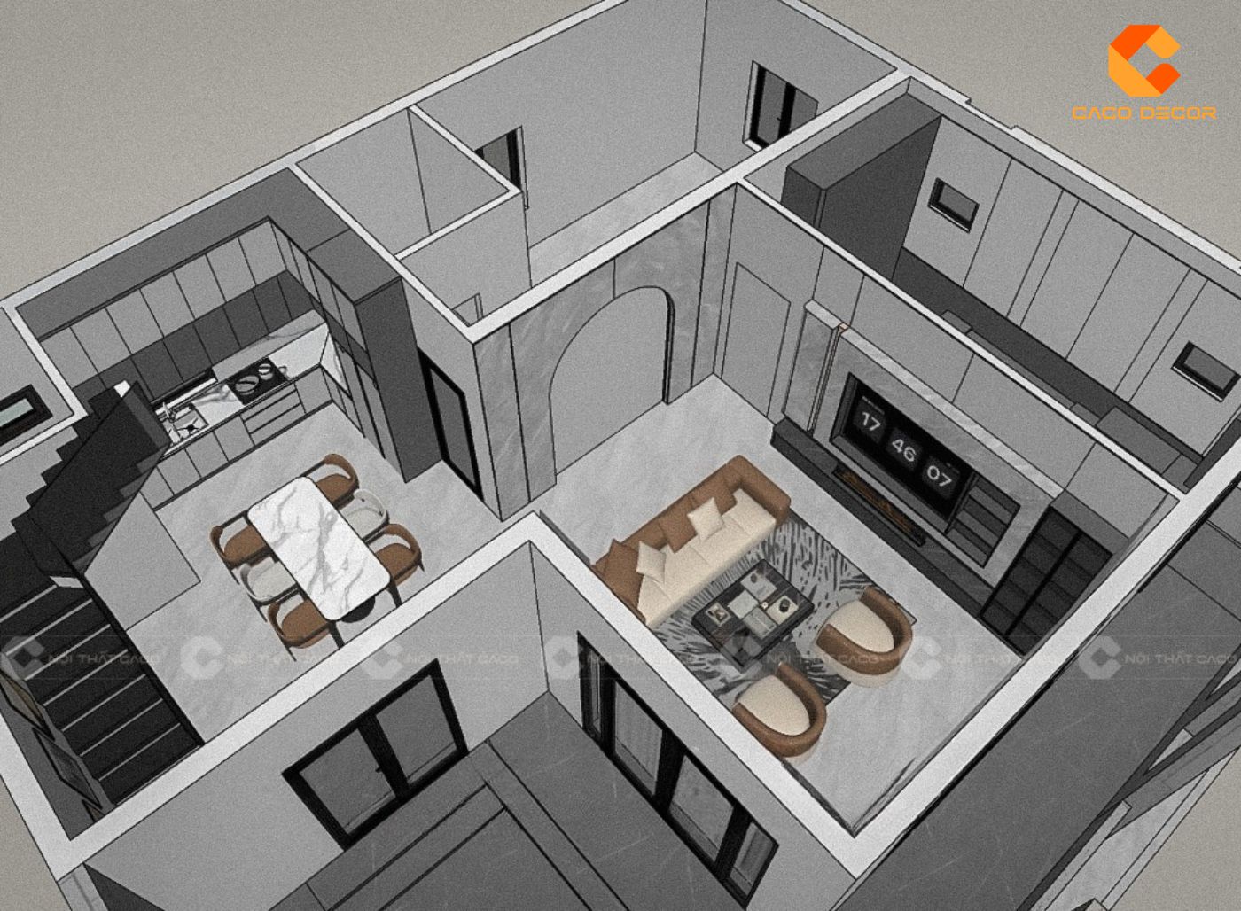 Mẫu thiết kế 3D một phần không gian của nội thất nhà phố