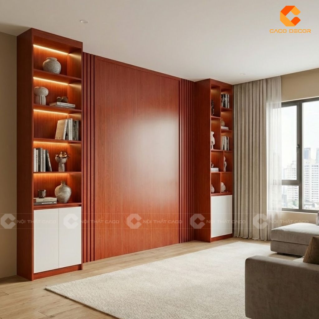 Thiết kế 3D vách trang trí kết hợp kệ trưng bày