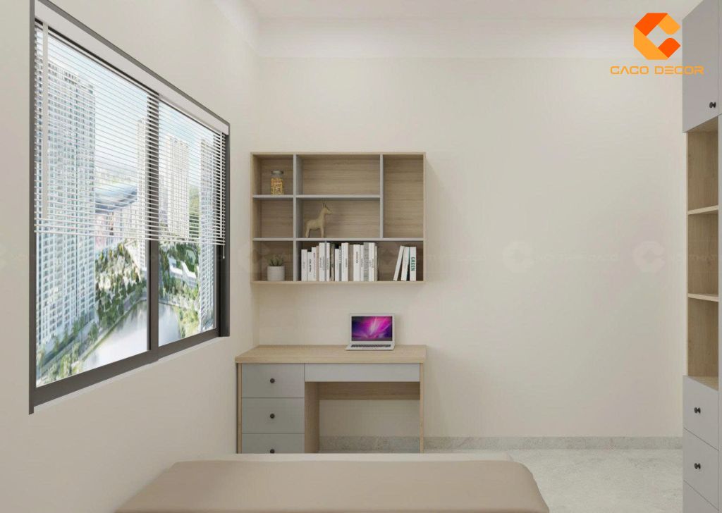 Hình thiết kế bàn làm việc kèm kệ sách treo