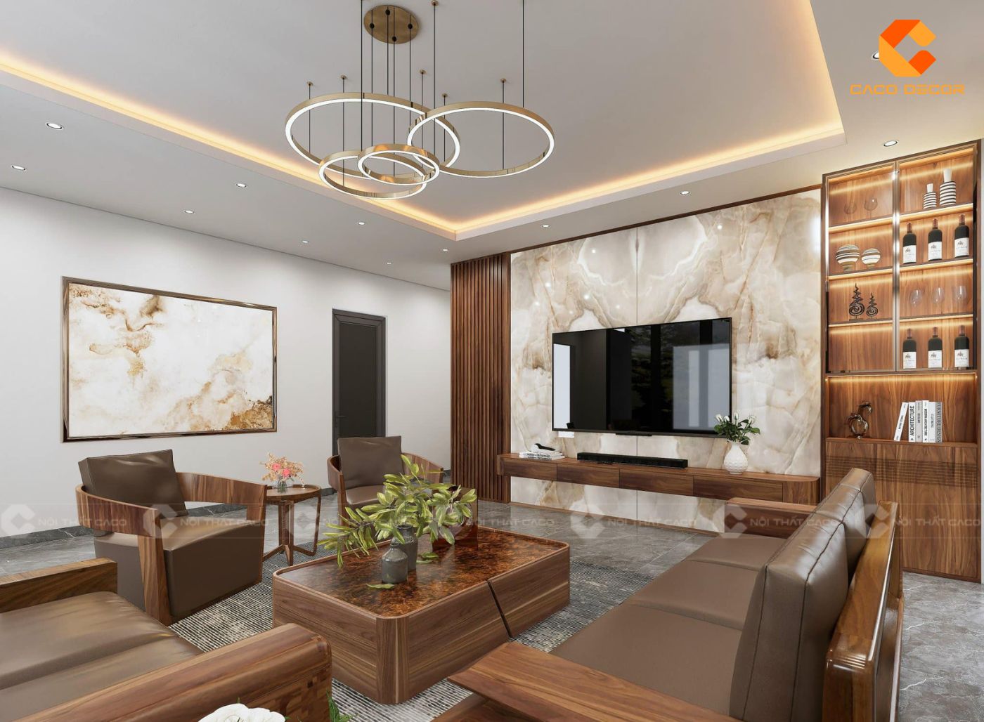 Mẫu thiết kế nội thất phòng khách nhà phố gỗ tự nhiên