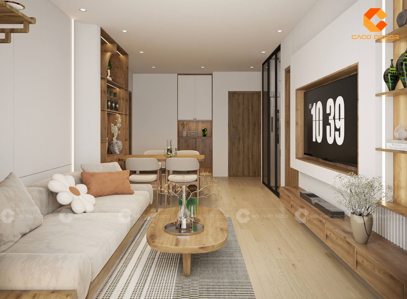 Thiết kế nội thất phòng khách với tông nâu gỗ chủ đạo