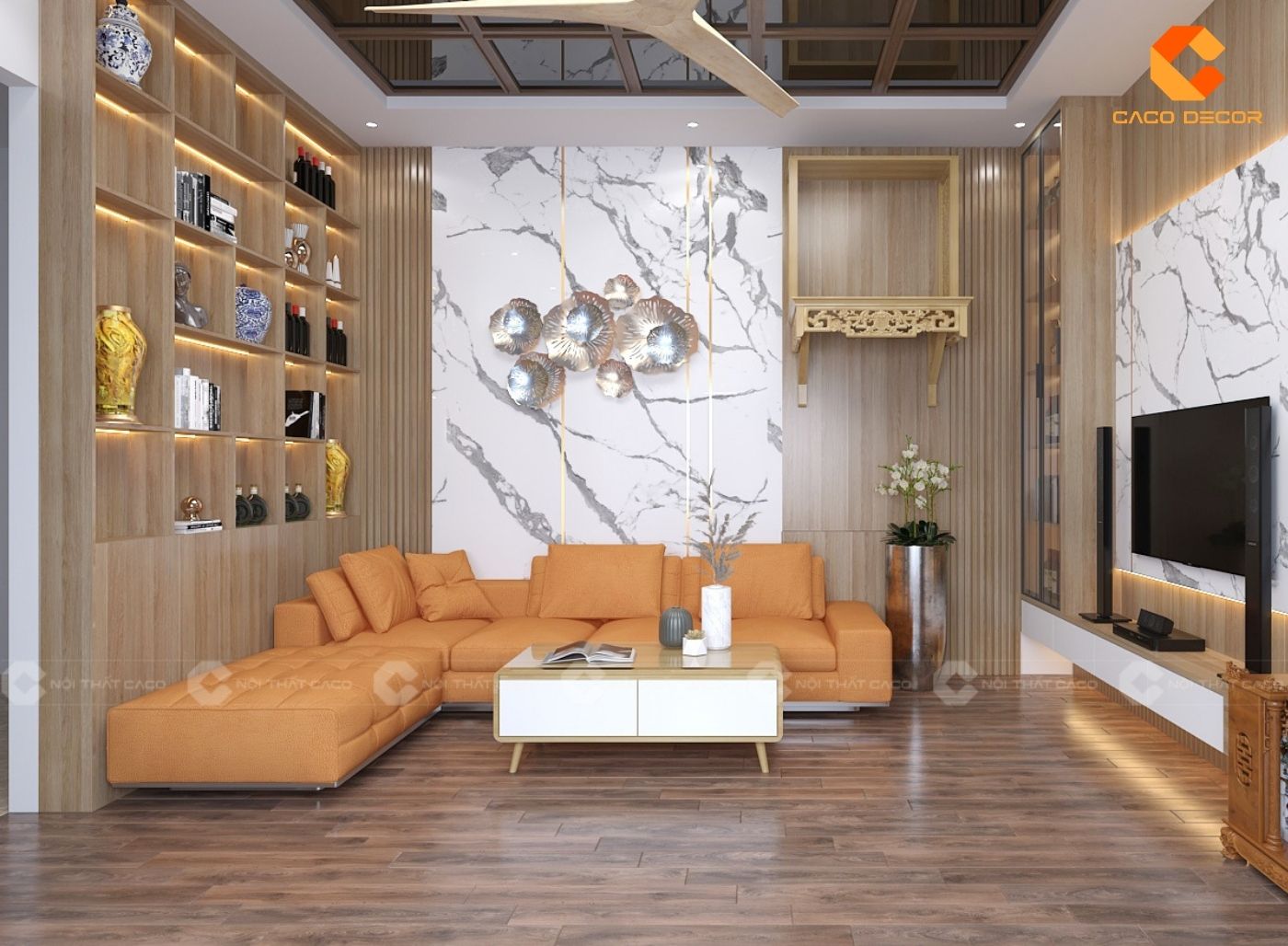 Thiết kế nội thất phòng khách phối màu phá cách hiện đại