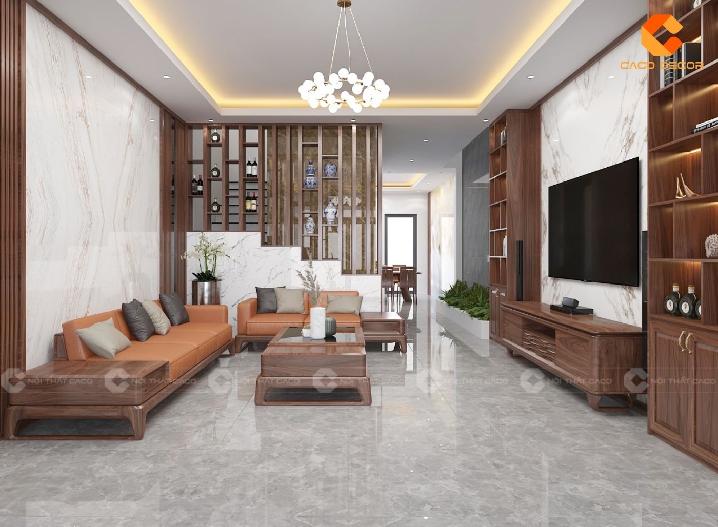 Mẫu thiết kế nội thất phòng khách sử dụng gỗ tự nhiên sang trọng
