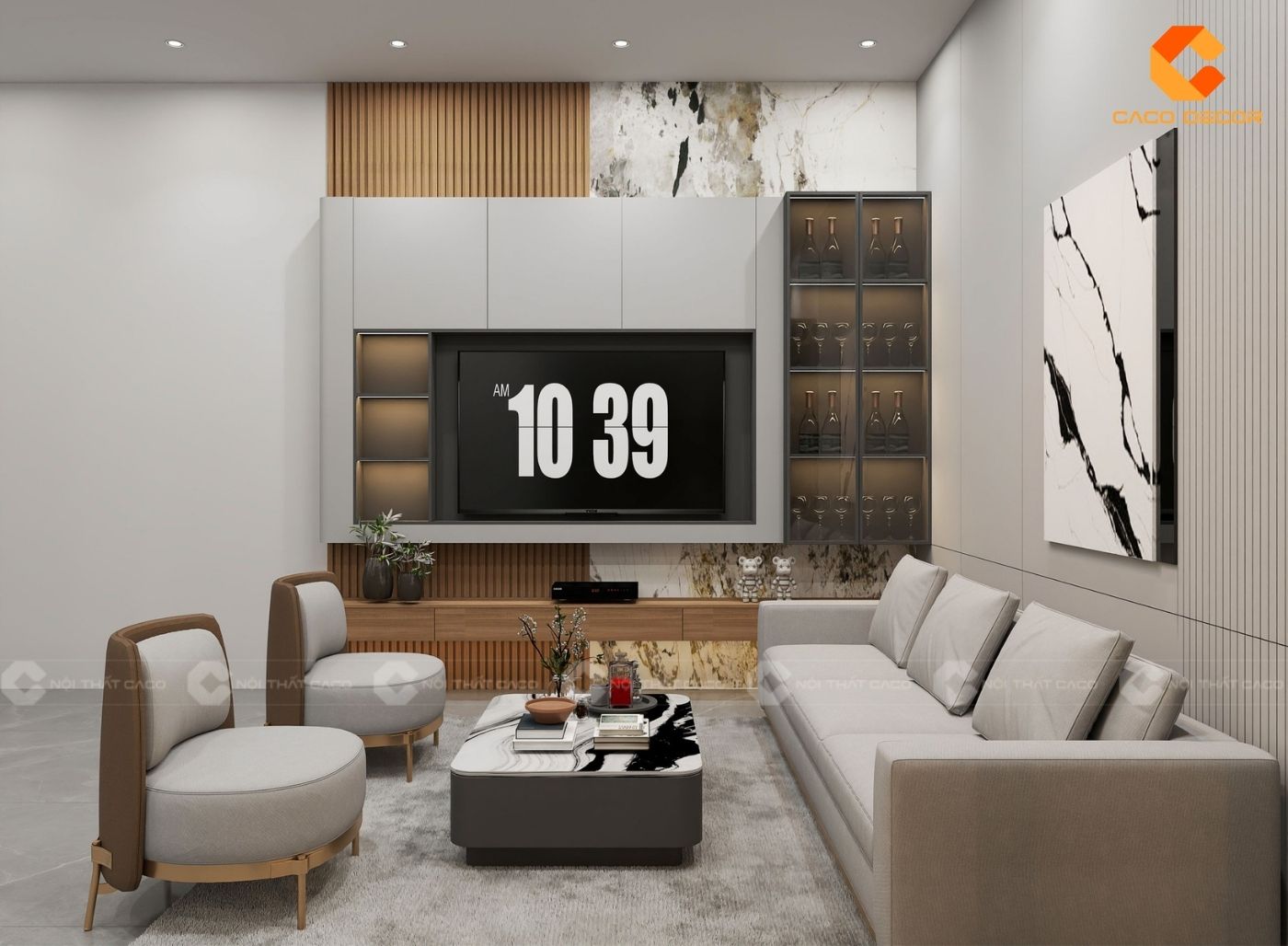 Thiết kế nội thất phòng khách sử dụng gam màu trung tính