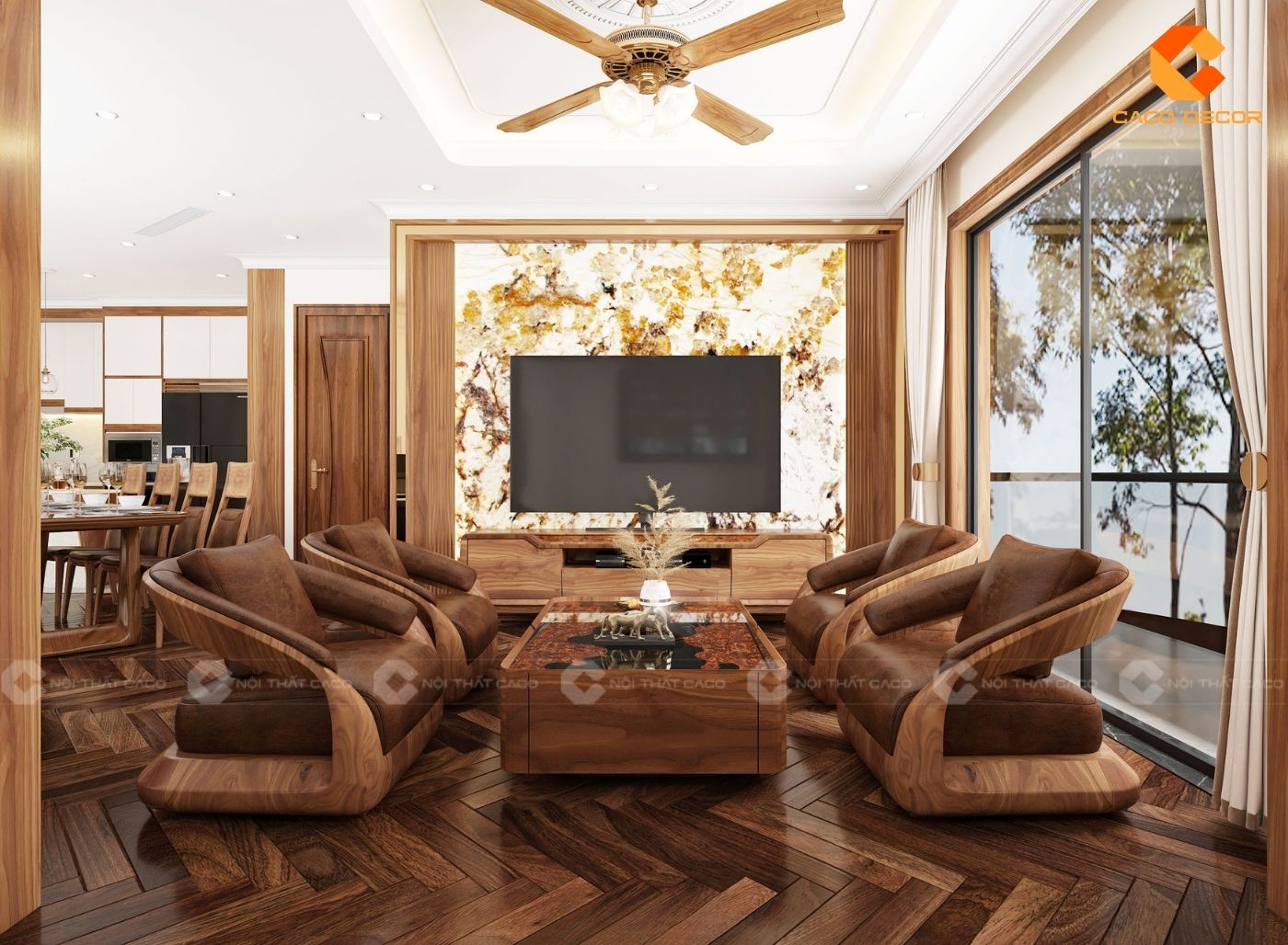 Bộ sofa và kệ tivi gỗ tự nhiên cho phòng khách