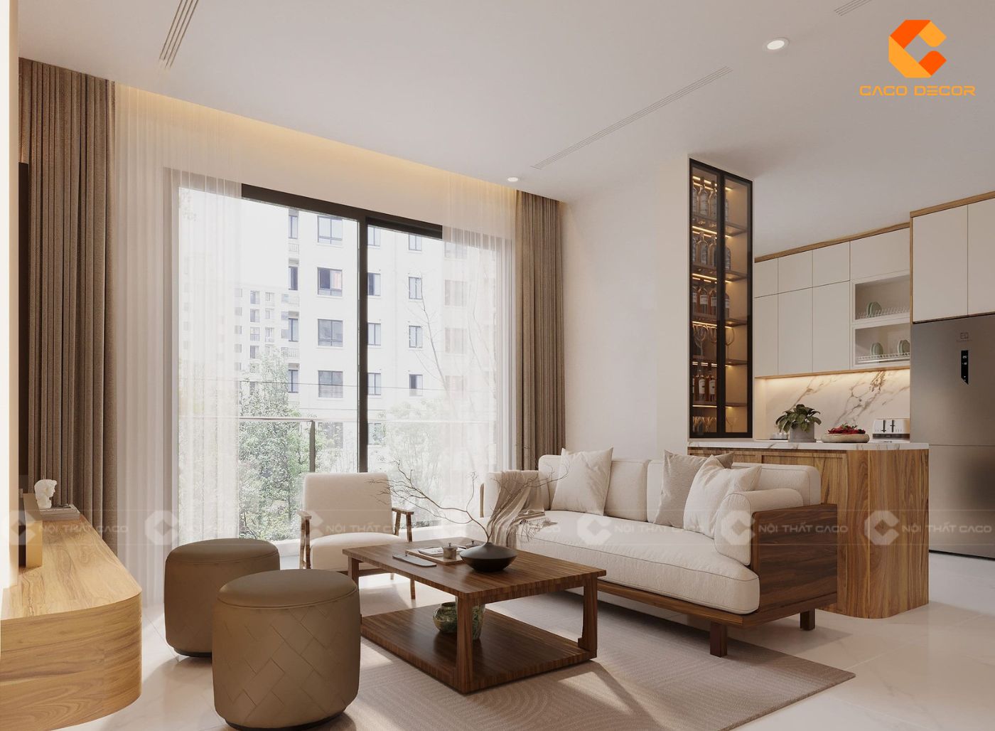 Mẫu thiết kế nội thất phòng khách liền bếp kiểu hiện đại