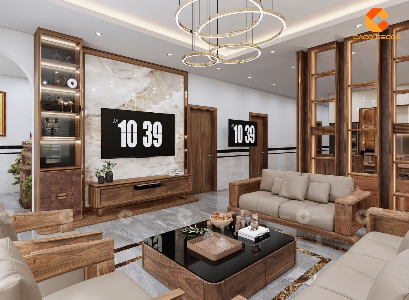 Mẫu thiết kế nội thất phòng khách gỗ tự nhiên sang trọng