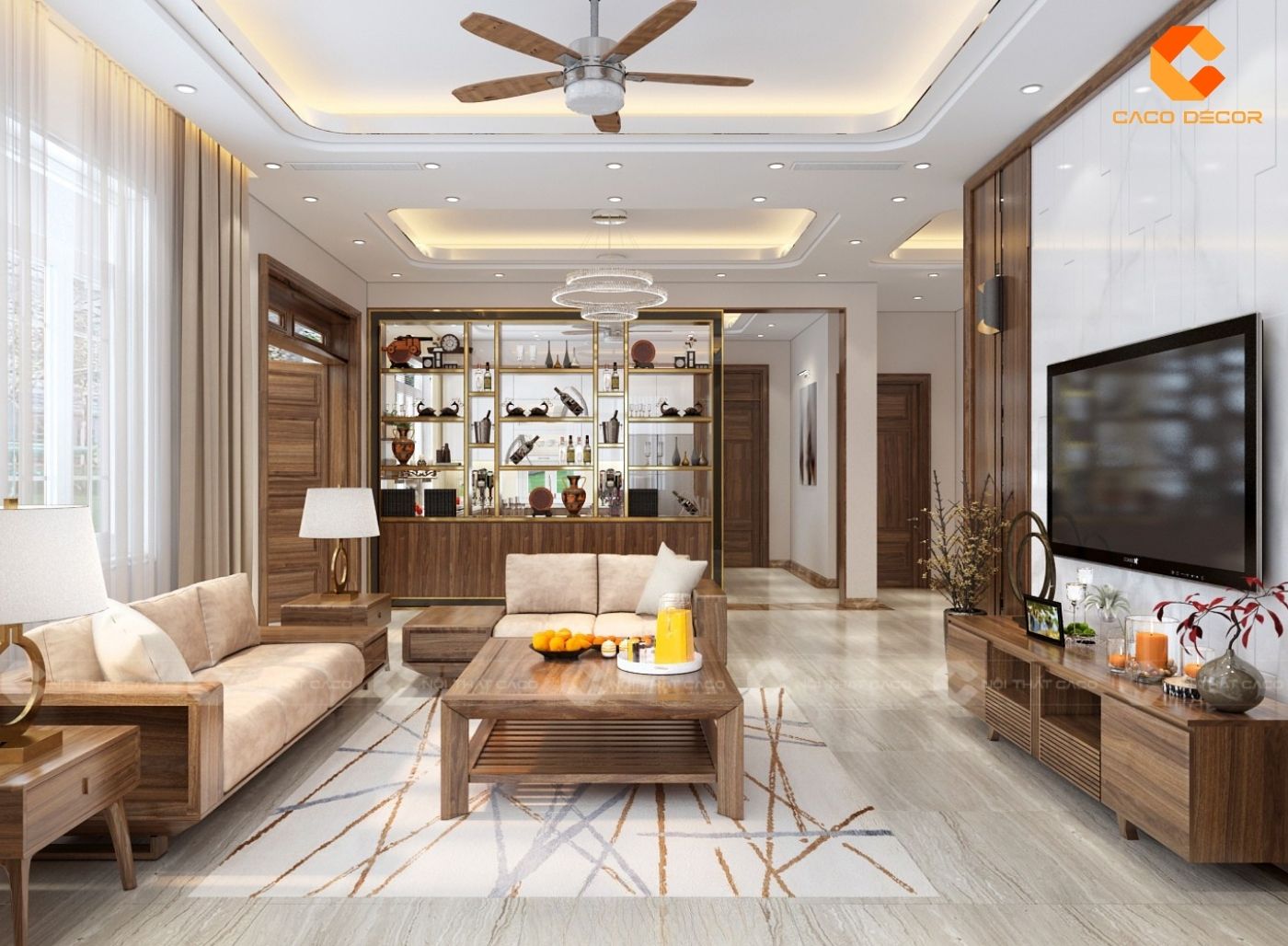 Mẫu thiết kế nội thất phòng khách phối trung tính tinh tế