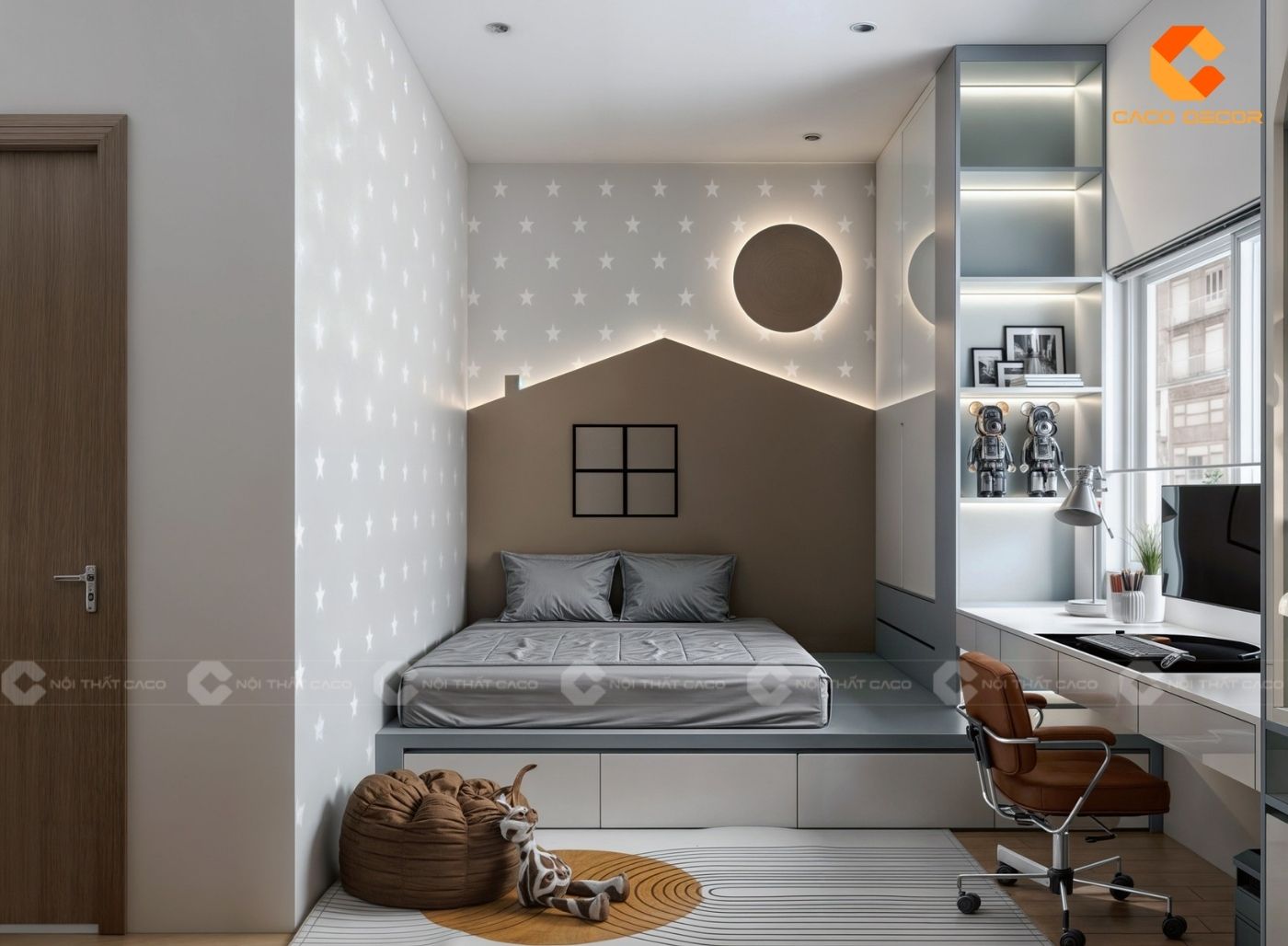 Mẫu thiết kế nội thất phòng ngủ với giường liền tủ hiện đại