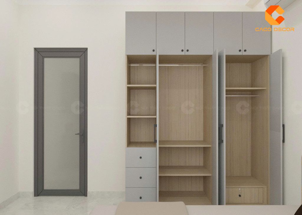 Mẫu thiết kế 3D tủ quần áo có kệ trang trí