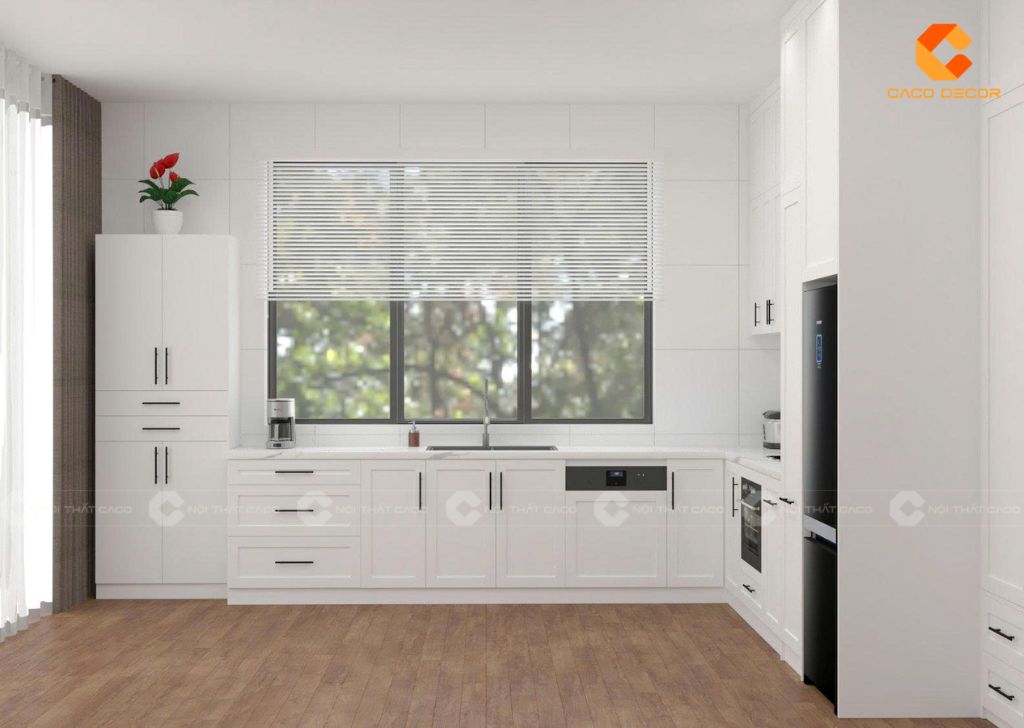 Tủ bếp gỗ công nghiệp TBM117 thiết kế chữ L hiện đại