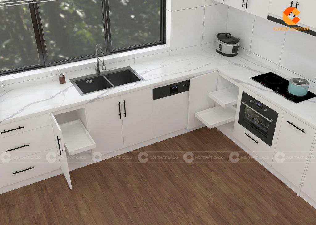 Tủ bếp gỗ công nghiệp TBM117 trang bị đủ phụ kiện bếp