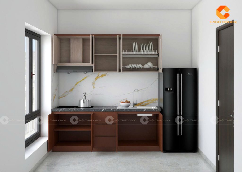 Tủ bếp gỗ công nghiệp TBM118 nhiều khoang kệ lưu trữ