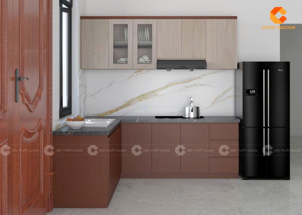 Tủ bếp gỗ công nghiệp TBM118 thiết kế chữ L hiện đại