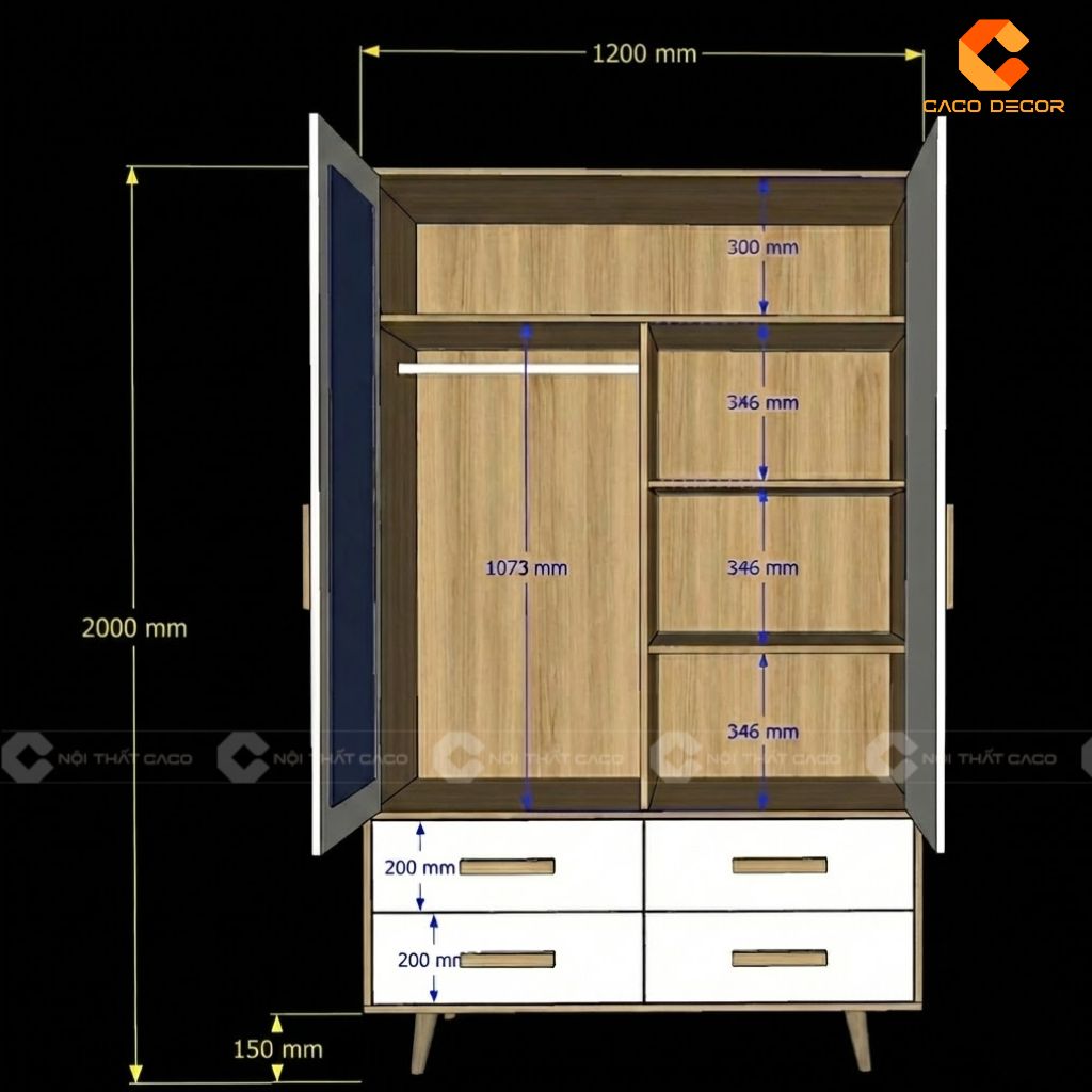 Kích thước tủ quần áo gỗ công nghiệp TAM099