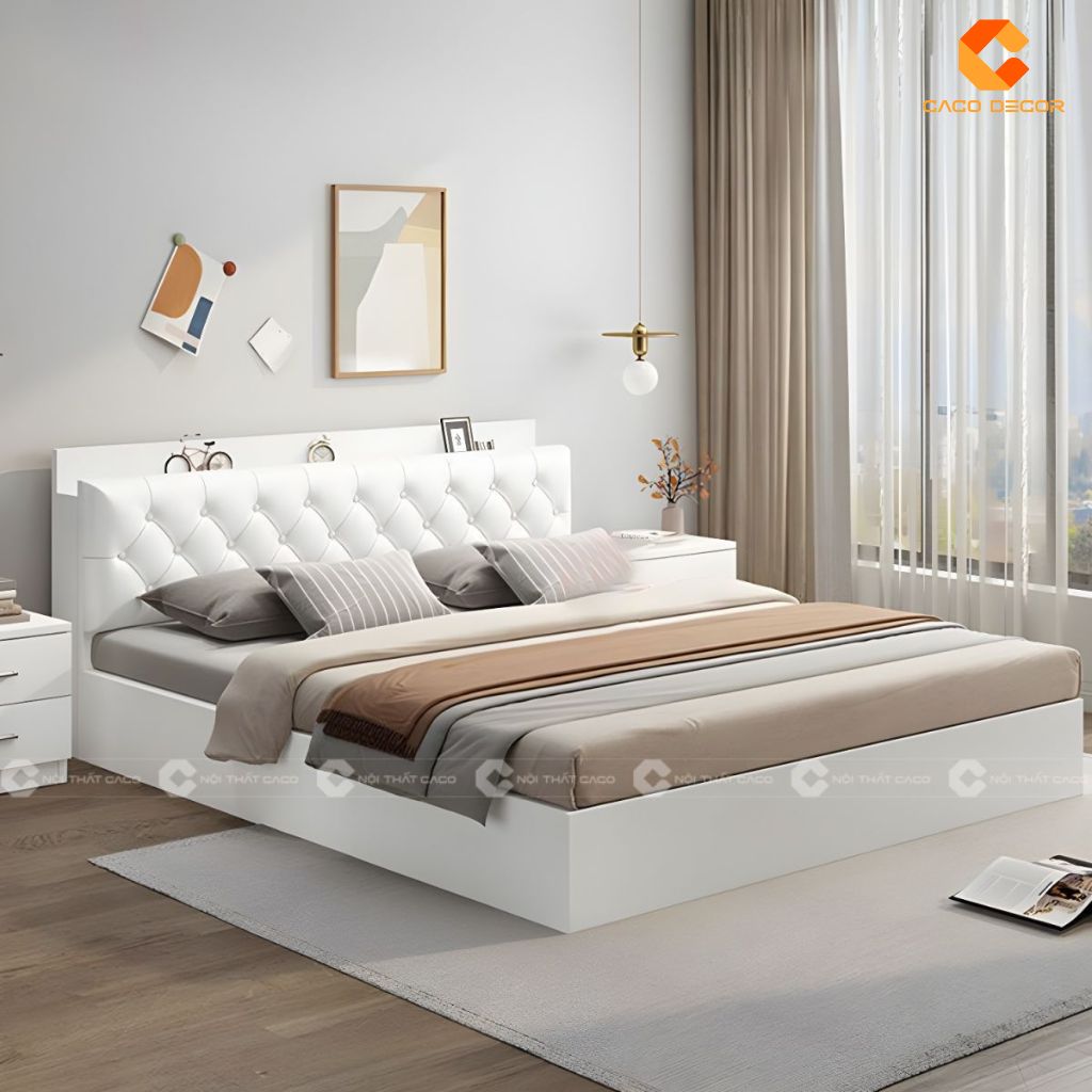 Thiết kế 3D giường ngủ bọc đầu nệm màu trắng bàn giao