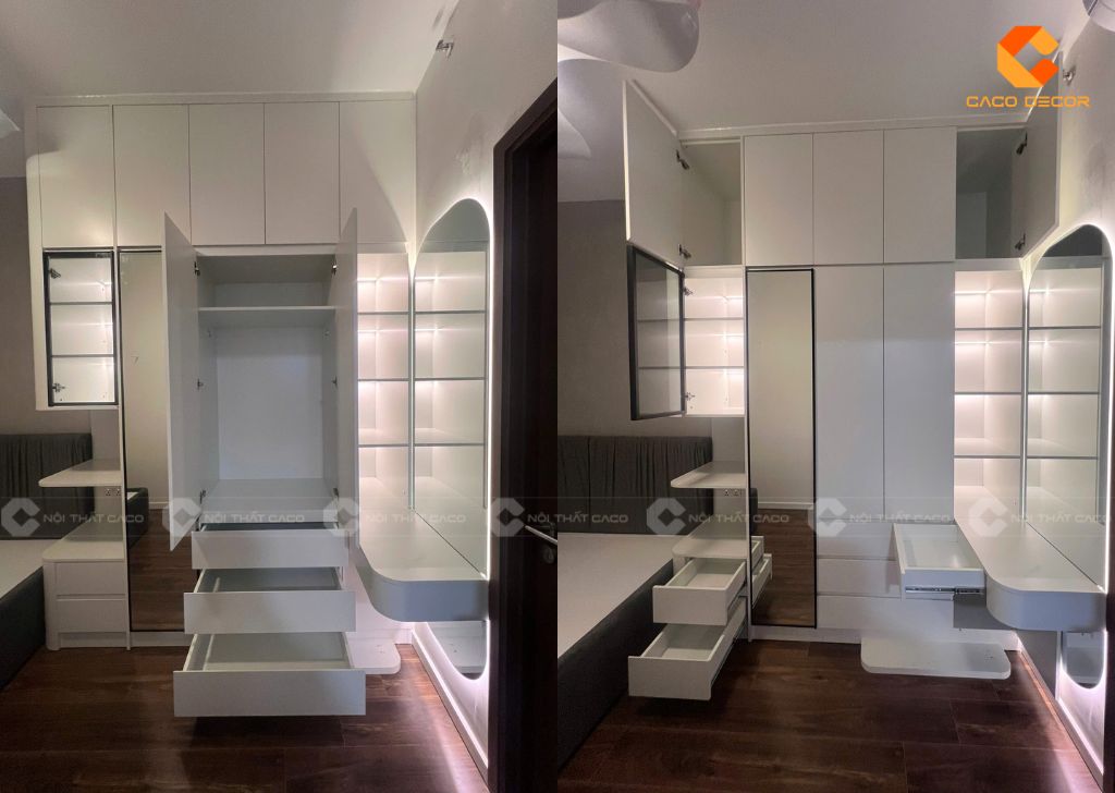 Các khoang kệ bên trong tủ quần áo được chụp tại công trình