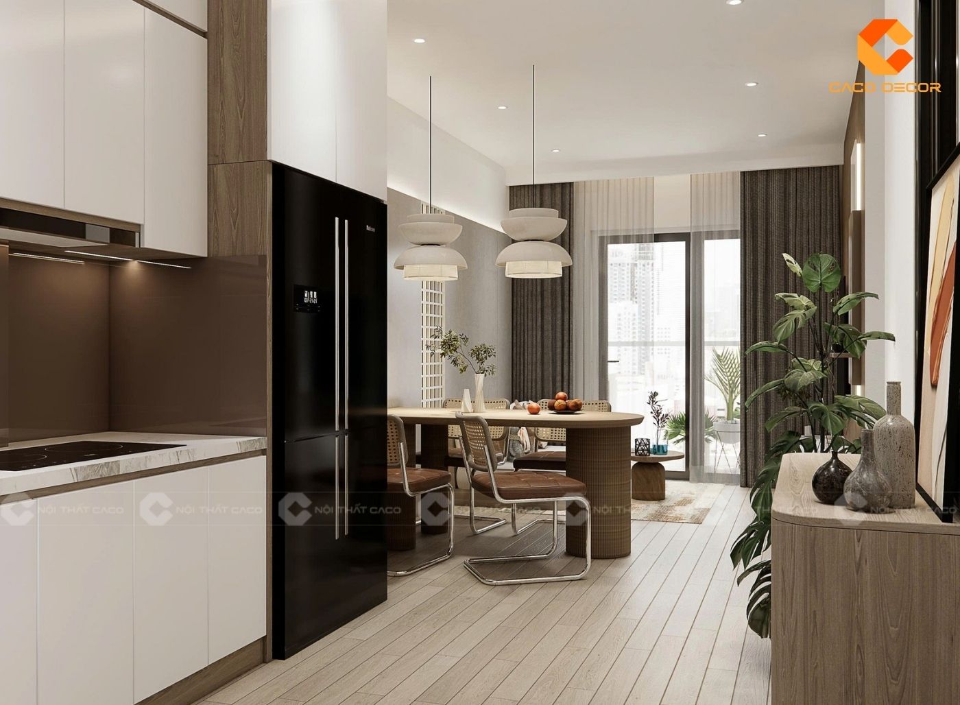 Mẫu nội thất phòng khách liên thông bếp được ưa chuộng