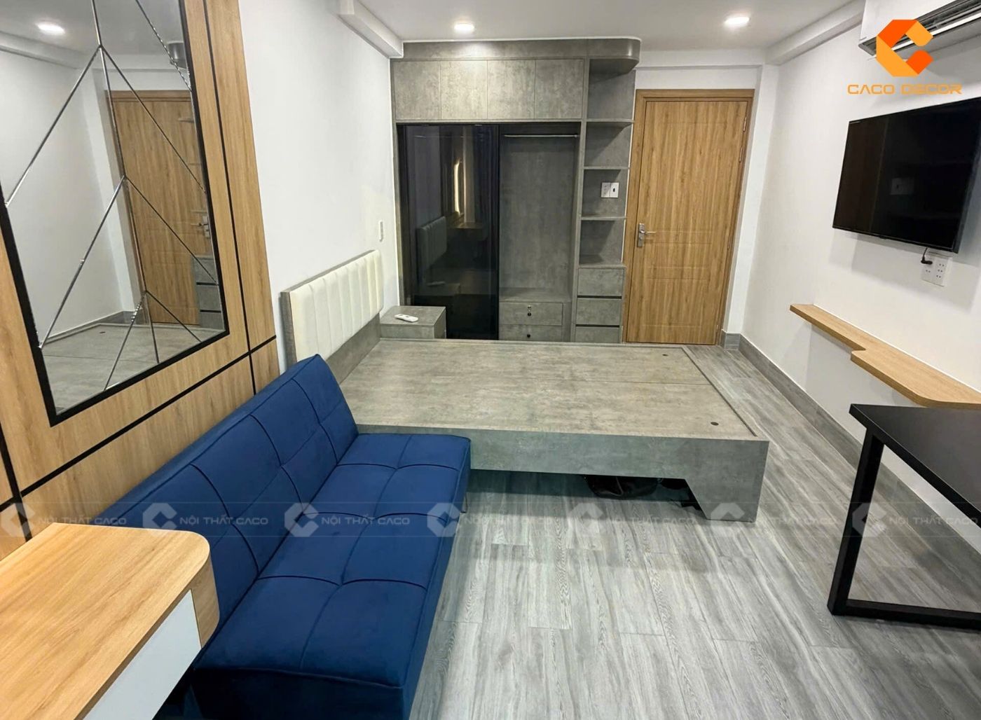 Bàn giao combo phòng ngủ tone xám xi măng hiện đại